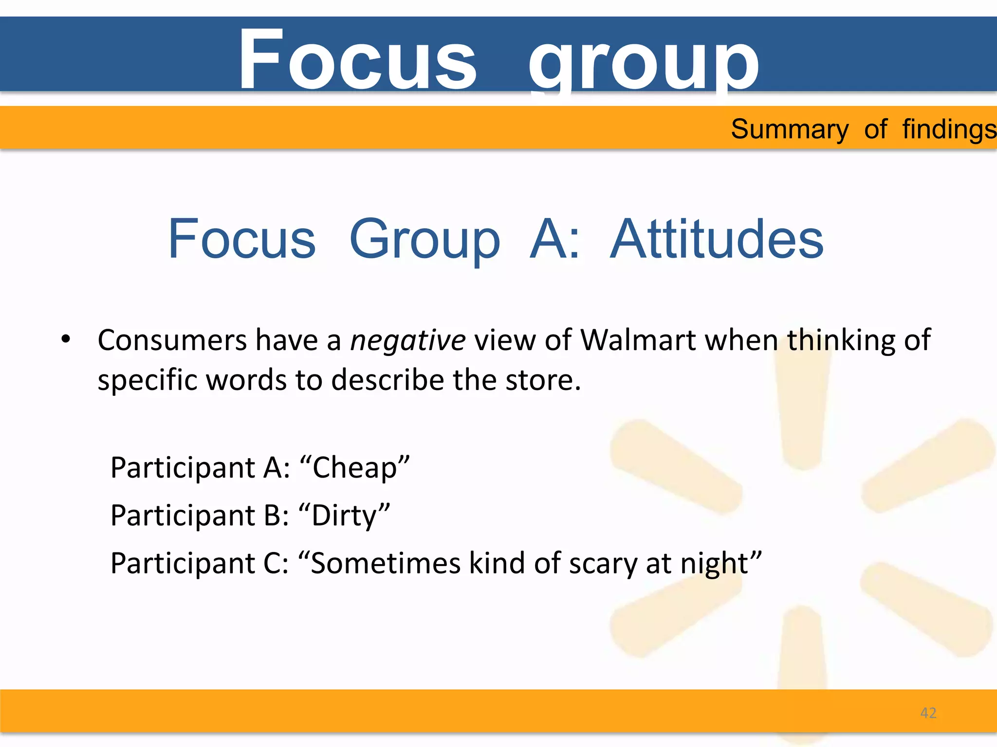 Focus group
                                                 Summary of findings



       Focus Group A: Attitudes
• Consumers have a negative view of Walmart when thinking of
  specific words to describe the store.

   Participant A: “Cheap”
   Participant B: “Dirty”
   Participant C: “Sometimes kind of scary at night”



                                                              42
 