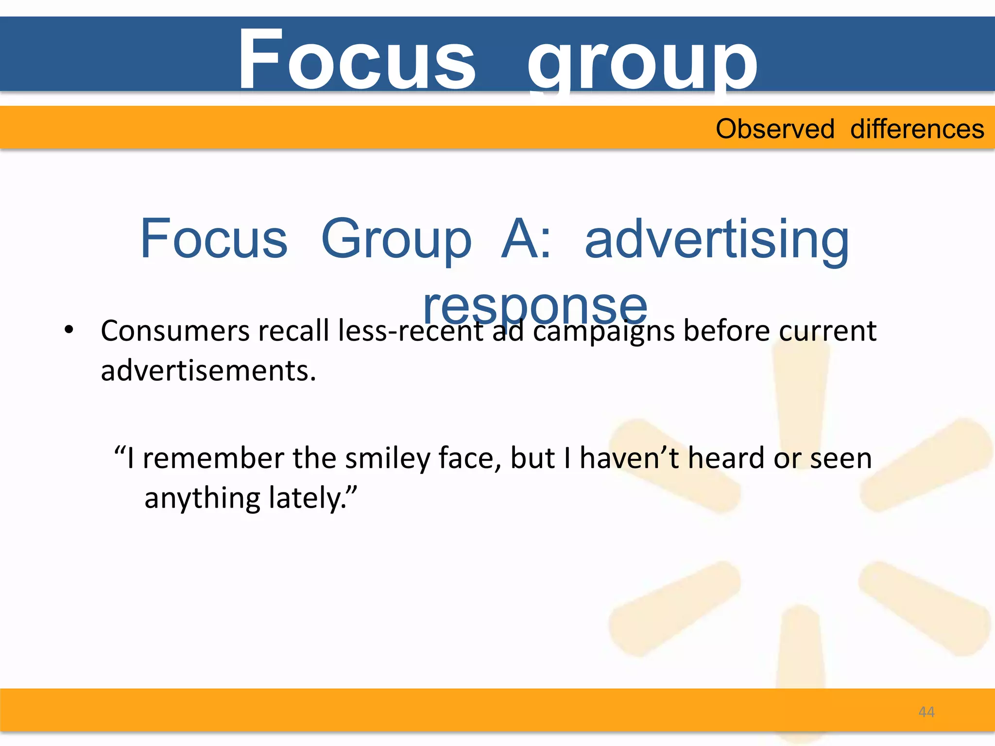 Focus group
                                                Observed differences



      Focus Group A: advertising
•
                            response
    Consumers recall less-recent ad campaigns before current
    advertisements.

    “I remember the smiley face, but I haven’t heard or seen
       anything lately.”




                                                               44
 