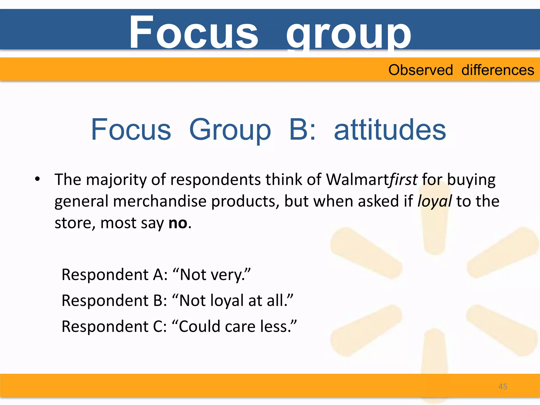 Focus group
                                               Observed differences



       Focus Group B: attitudes
• The majority of respondents think of Walmartfirst for buying
  general merchandise products, but when asked if loyal to the
  store, most say no.

   Respondent A: “Not very.”
   Respondent B: “Not loyal at all.”
   Respondent C: “Could care less.”


                                                              45
 