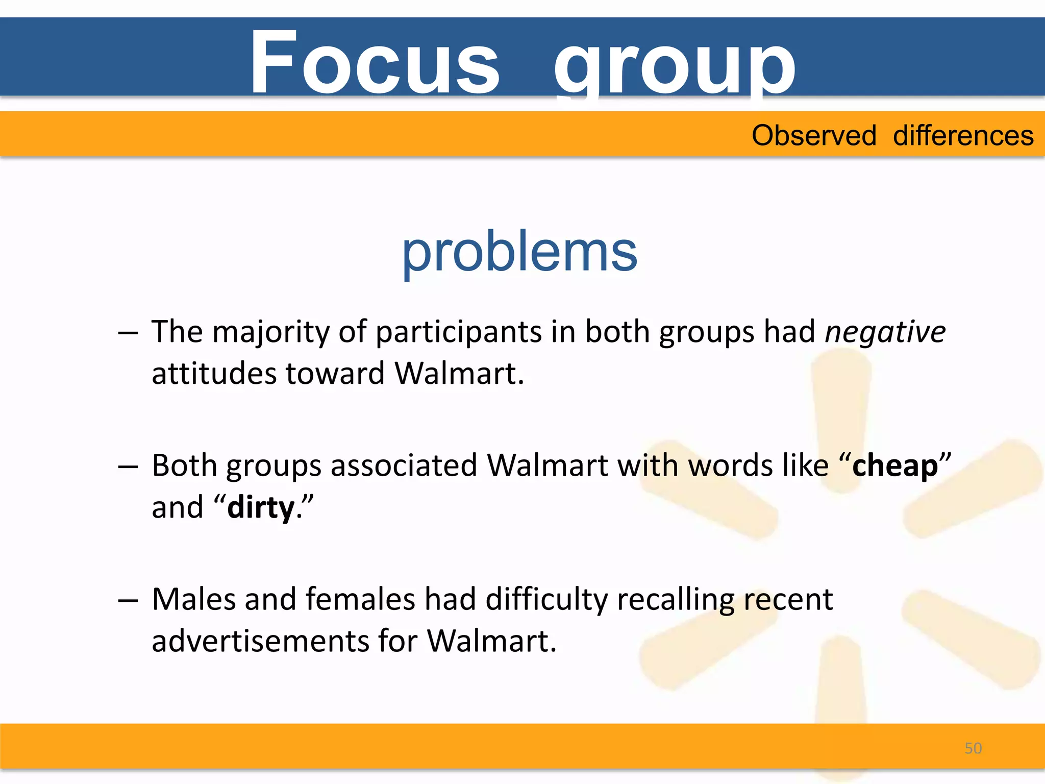 Focus group
                                             Observed differences



                    problems
– The majority of participants in both groups had negative
  attitudes toward Walmart.

– Both groups associated Walmart with words like “cheap”
  and “dirty.”

– Males and females had difficulty recalling recent
  advertisements for Walmart.

                                                             50
 