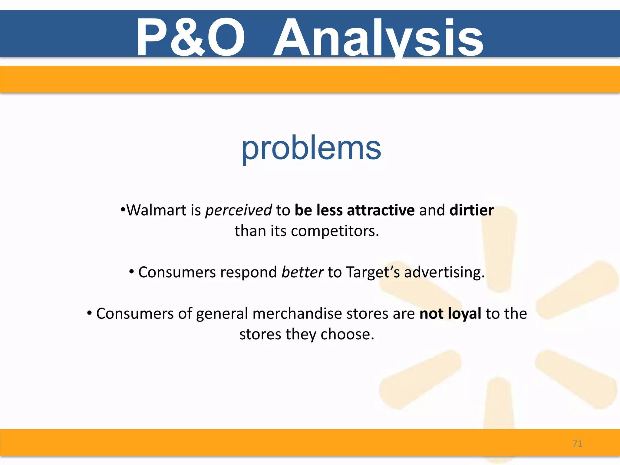 P&O Analysis

                     problems
    •Walmart is perceived to be less attractive and dirtier
                    than its competitors.

     • Consumers respond better to Target’s advertising.

• Consumers of general merchandise stores are not loyal to the
                    stores they choose.




                                                                 71
 