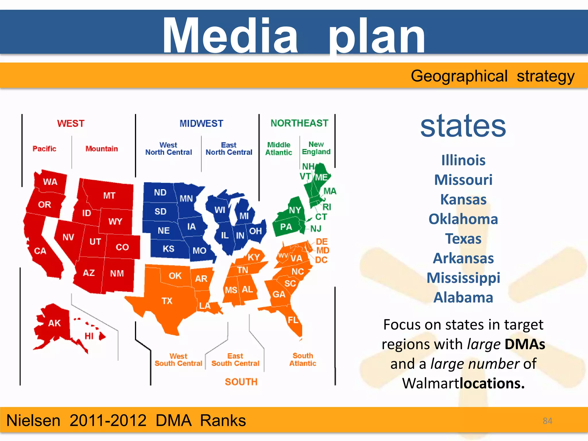 Media plan
                                  Geographical strategy


                                   states
                                      Illinois
                                     Missouri
                                     Kansas
                                    Oklahoma
                                       Texas
                                    Arkansas
                                    Mississippi
                                    Alabama
                              Focus on states in target
                              regions with large DMAs
                               and a large number of
                                 Walmartlocations.

Nielsen 2011-2012 DMA Ranks                           84
 