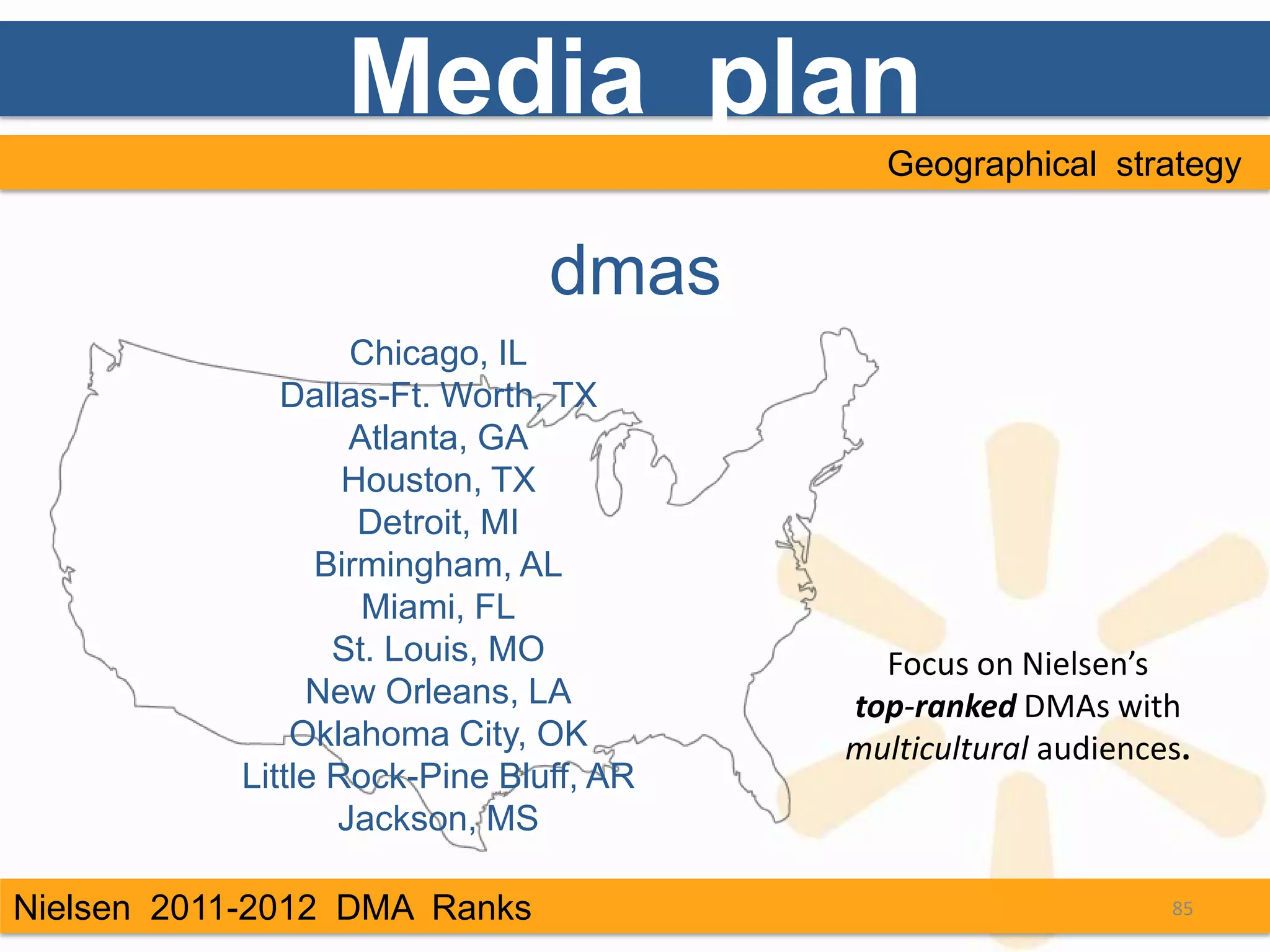 Media plan
                                          Geographical strategy


                               dmas
                   Chicago, IL
              Dallas-Ft. Worth, TX
                   Atlanta, GA
                   Houston, TX
                    Detroit, MI
                 Birmingham, AL
                    Miami, FL
                  St. Louis, MO           Focus on Nielsen’s
                New Orleans, LA         top-ranked DMAs with
               Oklahoma City, OK        multicultural audiences.
           Little Rock-Pine Bluff, AR
                  Jackson, MS

Nielsen 2011-2012 DMA Ranks                                   85
 