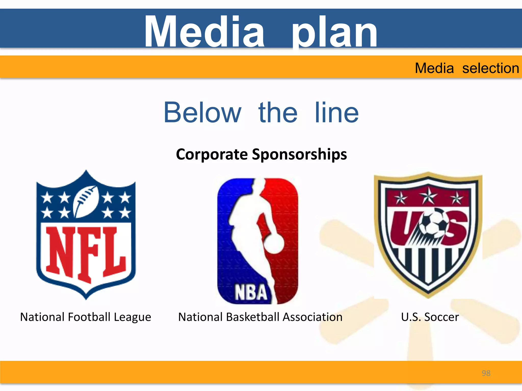 Media plan
                                                                Media selection


                           Below the line
                           Corporate Sponsorships




National Football League    National Basketball Association   U.S. Soccer



                                                                            98
 