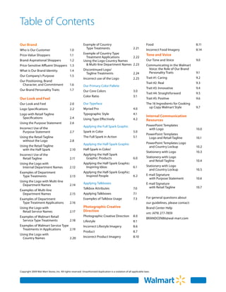 Table of Contents
Our Brand                                                  Example of Country                                        Food	                             8.11
                                                           	 Type Treatments	                            2.21        Incorrect Food Imagery	           8.14
Who is Our Customer	                          1.0
                                                           Example of Country Type                                   Tone and Voice
Price-Value Shoppers	                         1.1
                                                           	 Treatment Applications	        2.22
Brand-Aspirational Shoppers	                  1.2          Using the Logo Country Names                              Our Tone and Voice	               9.0
Price-Sensitive Affluent Shoppers	 1.3                     	 & Multi-line Department Names	 2.23                     Communicating in the Walmart
                                                           Discontinued Logo/	                                       	 Voice: the Role of Our Brand
What is Our Brand Identity 	                  1.4
                                                           	 Tagline Treatments	                         2.24	       	 Personality Traits	             9.1
Our Company's Purpose	                        1.5
                                                           Incorrect use of the Logo	                    2.25        Trait #1: Caring	                 9.2
Our Positioning, Brand
                                                                                                                     Trait #2: Real	                   9.3
	 Character, and Commitment	                  1.6          Our Primary Color Pallete
                                                                                                                     Trait #3: Innovative	             9.4
Our Brand Personality Traits	                 1.7          Our Core Colors	                              3.0
                                                                                                                     Trait #4: Straightforward	        9.5
                                                           Color Ratio	                                  3.1
Our Look and Feel	                                                                                                   Trait #5: Positive	               9.6
Our Look and Feel	                            2.0          Our Typeface                                              The 16 Ingredients for Cooking
                                                           Myriad Pro	                                   4.0         	 up Copy Walmart Style	          9.7
Logo Specifications	                          2.2
Logo with Retail Tagline	                                  Typographic Style	                            4.1
	 Specifications	                             2.4
                                                                                                                     Internal Communication
                                                           Using Type Effectively	                       4.2         Resources
Using the Purpose Statement	                  2.6
                                                           Applying the Full Spark Graphic                           PowerPoint Templates
Incorrect Use of the 	                        		                                                                     	 with Logo	                      10.0
	 Purpose Statement	                          2.7          Spark in Color	                               5.0
                                                                                                                     PowerPoint Templates
Using the Retail Tagline                                   The Full Spark in Action	                     5.1         	 Logo and Retail Tagline	        10.1
	 without the Logo	                           2.8
                                                           Applying the Half-Spark Graphic                           PowerPoint Templates Logo
Using the Retail Tagline                                                                                             	 and Country Lockup	             10.2
	 with the Half-Spark	                        2.10         Half-Spark in Color/
                                                                                                                     Stationery with Logo	             10.3
Incorrect Use of the                                       Applying the Half-Spark
	 Retail Tagline	                             2.11         	 Graphic: Products	                          6.0         Stationery with Logo	
                                                                                                                     	 and Retail Tagline	             10.4
Using the Logo with                                        Applying the Half-Spark Graphic:
	 Internal Department Names	                  2.12         	 Inspiring Ideas	               6.1                      Stationery with Logo
                                                                                                                     	 and Country Lockup	             10.5
Examples of Department                                     Applying the Half-Spark Graphic:
	 Type Treatments	                            2.13         	 Inspired People	               6.2                      E-mail Signature	
                                                                                                                     	 with Purpose Statement	         10.6
Using the Logo with Multi-line	
                                                           Applying Talkboxes                                        E-mail Signature	
	 Department Names 	                          2.14
                                                           Talkbox Attributes	                           7.0         	 with Retail Tagline	            10.7
Examples of Multi-line
	 Department Names	                           2.15         Applying Talkboxes	                           7.1
Examples of Department                                     Examples of Talkbox Usage	                    7.3         For general questions about
	 Type Treatment Applications	                2.16                                                                   our guidelines, please contact:
Using the Logo with                                        Photographic Creative                                     Brand Center Help
	 Retail Service Names	                       2.17         Direction
                                                                                                                     vm: (479) 277-7859
Examples of Walmart Retail                                 Photographic Creative Direction	 8.0
                                                                                                                     BRANDCEN86@wal-mart.com
	 Service Type Treatments	                    2.18         Lifestyle	                                    8.1
Examples of Walmart Service Type                           Incorrect Lifestyle Imagery	                  8.6
	 Treatments in Applications	    2.19
                                                           Product	                                      8.7
Using the Logo with
	 Country Names	                              2.20         Incorrect Product Imagery	                    8.10




Copyright 2009 Wal-Mart Stores, Inc. All rights reserved. Unauthorized duplication is a violation of all applicable laws.
 