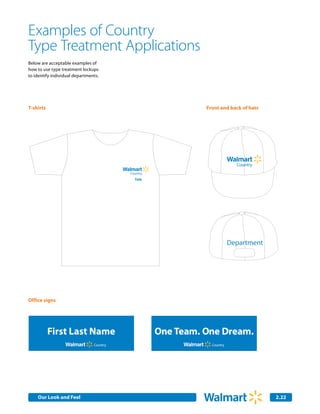 Examples of Country
Type Treatment Applications
Below are acceptable examples of
how to use type treatment lockups
to identify individual departments.




T-shirts                                                                       Front and back of hats




                                                                                               Country
                                                                                                Country
                                                Country
                                                  Country                                                 Country
                                                        Country
                                                    Title
                                                            Title




                                                                                           Department
                                                                                            Department
                                                                                                      Department




Office signs




       First Last Name
        First Last Name                                             One Team. One Dream.
                                                                     One Team. One Dream.
                            Country                                            Country
                                Country                                          Country
           First Last Name                                             One Team. One Dream.
                                      Country                                               Country




    Our Look and Feel                                                                                          2.22
 