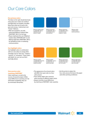 Our Core Colors
Our primary colors
The blues to the right should dominate
every piece you create. Our medium
and light blues are brighter, friendlier
blues than what we’ve used in the
past and convey a “welcoming” and
“fresher” Walmart.                         Walmart medium blue     Walmart dark blue      Walmart light blue    Walmart white
•	With rare exception, use only            (or PANTONE® 285 C)     (or PANTONE® 287 C)    (or PANTONE® 284 C)   C:0 M:0 Y:0 K:0
                                           C:89 M:43 Y:0 K:0       C:100 M:68 Y:0 K:12    C:55 M:19 Y:0 K:0     R:255 G:255 B:255
  authorized Walmart medium blue           R:26 G:117 B:207        R:0 G:56 B:150         R:108 G:171 B:231
  (PANTONE® 285 C) for the logo
•	Please emphasize the use of Walmart
  medium blue (PANTONE 285® C) and
  Walmart light blue (PANTONE® 284 C)
  for full fields of color in marketing
  communications


Our highlight colors
Use highlight colors in combination
with our core colors to convey other
messages such as “low cost,” “organic,”
“natural,” or “innovation.” These colors
add depth, for sure, but use them
sparingly, please.                         Walmart orange          Walmart yellow         Walmart dark green    Walmart light green
                                           (or PANTONE® 166 CVC)   (or PANTONE® 1235 C)   (or PANTONE® 364 C)   (or PANTONE® 368 C)
                                           C:0 M:64 Y100 K:0       C:0 M:29 Y:91 K:0      C:65 M:0 Y:100 K:42   C:57 M:0 Y:100 K:0
                                           R:244 G:123 B:32        R:253 G:187 B:48       R:51 G:115 B:33       R:97 G:191 B:26




One word on color                          •	The appearance of our brand colors      •	Ask the printer to adjust the
matching: PANTONE®                           will differ from spot-color to a four-    four-color process formula to the paper
Color matching is crucial to the             color process                             (and other printing conditions)
success of any print project. While        •	There will be slight color variances 	
visual differences in printing can’t be      when printing on different paper stocks
eliminated completely, they can            •	Always minimize visual differences
be minimized. Remember:                      by matching to PANTONE® color swatches




    Our Look and Feel                                                                                                          3.0
 
