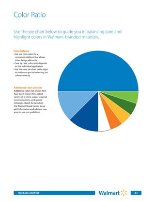 Color Ratio

Use the pie chart below to guide you in balancing core and
highlight colors in Walmart–branded materials.

Color balance
•	Use our core colors for a
  consistent platform that allows
  other design elements
•	Case by case, color ratio depends
  on the individual application
•	Use the ratio pie chart to the right
  to make sure you’re balancing our
  colors correctly




Additional color palettes
Additional colors not shown here
have been chosen for a select
variety of in-store usage, seasonal
communications, and special
initiatives. Watch for details at
the Walmart Brand Center as we
add information and address new
ways to use our guidelines.




     Our Look and Feel                                       3.1
 