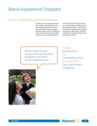 Brand-Aspirational Shoppers

Say “hi” to Our Brand-Aspirational Shoppers
                         Like the price-value shoppers, they’re   the TVs they watch. For them, brands
                         on a budget so they have to be smart     are so much a measure of their success
                         about how they spend their money.        that they’ll spend less on some things
                         But unlike the price-value shoppers,     to be able to enjoy the status and pride
                         they live mostly in urban and suburban   of owning the right brands. They look
                         areas. They love brands and have their   to Walmart for the brands they trust at
                         favorites, from the jeans they wear to   prices they can afford.




                                                                  I want ...
              Walmart helps me save                               Brands I trust
              money on the basics so I have                       At ...
              to spend on the brands                              Unbeatable prices
              that are important to me.
                                                                  In a store with ...
                                                                  Easy, convenient
                                                                  shopping




  Our Brand                                                                                          1.2
 