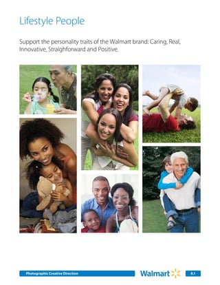 Lifestyle People
Support the personality traits of the Walmart brand: Caring, Real,
Innovative, Straighforward and Positive.




  Photographic Creative Direction
  Internal Corporate Communications                                  2.0
                                                                     8.1
 