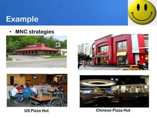 Example
• MNC strategies




     US Pizza Hut   Chinese Pizza Hut
 