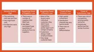 Industry Rivalry:
High
• The switching
cost was very low.
• Very high fixed
cost.
• Exit Barriers were
very high.
Bargaining Power
of Suppliers: Low
• There were a
number of
suppliersWal-
Mart had.
• Wal-Mart
purchased huge
quantities of
products from its
suppliers.
Bargaining Power
of Buyers: Low
• Most of the
buyers were
individual
customer, they
didn’t have
negotiation
power again such
a large company
• Customers
always made
small purchases
• Very large
customer base
Threat of New
Entrants: Low
• High capital
investment
• Distribution
channel was very
hard to build
• There was no
product
differentiation
Threat of
Substitutes: High
• There was a lot of
competition
among quality
and price.
• Substitutes
performed the
similar function
 