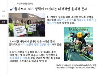 월마트의 저가 정책이 야기하는 다각적인 윤리적 문제
3. 저가 전략을 가능하게 하는 또 하나의 축인
대량 생산 및 대규모 유통 시스템이 필연적으로
환경 파괴를 야기, 환경을 고려하지 않는 환경파괴
대기업의 표본격으로 비난을 받게 됨
1. 저가격 정책을 위해 수년간 무노조 정책을
유지하며 열악한 노동조건과 저임금을 통한 노동
착취 기업으로 악명이 높다.
2. 이러한 과정에서 얻어진 낮은 가격을 통해
결과적으로 지역 상권과 공정 경쟁을 파괴하고 있음
월마트의 비윤리적 경영을 비판한 다큐멘터리 필름
“Wal-Mart: The High Cost of Low Price(2005)”
 