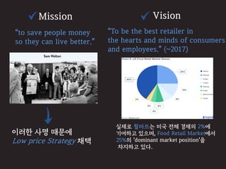 “to save people money
so they can live better.”
Mission
이러한 사명 때문에
Low price Strategy 채택
Vision
“To be the best retailer in
the hearts and minds of consumers
and employees.” (~2017)
실제로 월마트는 미국 전체 경제의 2%에
기여하고 있으며, Food Retail Market에서
25%의 ‘dominant market position’을
차지하고 있다.
 
