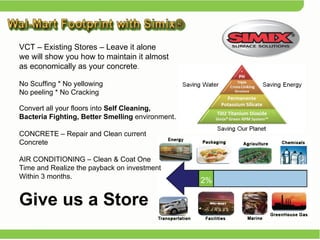 VCT – Existing Stores – Leave it alone  we will show you how to maintain it almost  as economically as your concrete .  No Scuffing * No yellowing No peeling * No Cracking  Convert all your floors into  Self Cleaning,  Bacteria Fighting, Better Smelling  environment. CONCRETE – Repair and Clean current  Concrete  AIR CONDITIONING – Clean & Coat One  Time and Realize the payback on investment Within 3 months.  Give us a Store  2% 