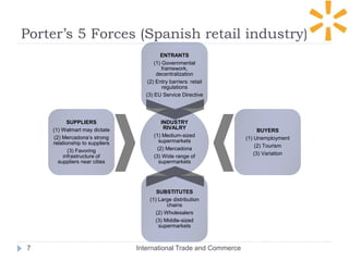 Porter’s 5 Forces (Spanish retail industry)
INDUSTRY
RIVALRY
(1) Medium-sized
supermarkets
(2) Mercadona
(3) Wide range of
supermarkets
ENTRANTS
(1) Governmental
framework,
decentralization
(2) Entry barriers: retail
regulations
(3) EU Service Directive
BUYERS
(1) Unemployment
(2) Tourism
(3) Variation
SUBSTITUTES
(1) Large distribution
chains
(2) Wholesalers
(3) Middle-sized
supermarkets
SUPPLIERS
(1) Walmart may dictate
(2) Mercadona‘s strong
relationship to suppliers
(3) Favoring
infrastructure of
suppliers near cities
International Trade and Commerce7
 
