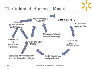 The ‘adapted’ Business Model
International Trade and Commerce11
Large Sales
Marcedona’s
Supplier
Relationships
Better bargaining
and good quality
Low Cost and Low
Prices
Attractiveness to
Customer
Marcedona’s local
cultural knowledge
WalMart’s innovative supply
and distribution technologies
Marcedona
’s
employme
nt practices
Higher
productivity and
better service
+
expansion
opportunities
 