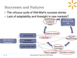  The virtuous cycle of Wal-Mart’s success stories
 Lack of adaptability and foresight in new markets?
Large Sales
Supplier
Relationships
Information
Exchange
Low Cost
Attractiveness
to Customer
and Brand
Value
Successes and Failures
International Trade and Commerce2
+
Good Logistics
+
Compliant Labour
Customer Service
+Local Culture
Available
Infrastructure
Laws of the Land
International
Expansion
Contingent
success may
not
materialize
 