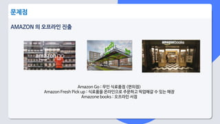 AMAZON 의 오프라인 진출
문제점
Amazon Go : 무인 식료품점 (편의점)
Amazon Fresh Pick up : 식료품을 온라인으로 주문하고 픽업해갈 수 있는 매장
Amazone books : 오프라인 서점
 