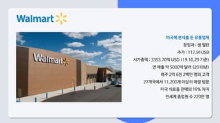 미국에 본사를 둔 유통업체
창립자 : 샘 윌턴
주가 : 117.91USD
시가총액 : 3353.70억 USD (19.10.29 기준)
연 매출 약 5000억 달러 (2018년)
매주 2억 6천 2백만 명의 고객
27개국에서 11,200개 이상의 매장 방문
미국 식료품 판매의 19% 차지
전세계 종업원 수 220만 명
 