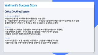Cross Docking System
크로스도킹의 장점은
비생산적인 재고를 최소화해 물류비용을 상당 부분 절감
동시에 물류센터의 물리적 공간도 감소하고, 더욱이 공급사슬 전체의 보관시설 수가 감소하는 효과 발생
물류센터에서의 단위면적 당 회전율도 증가 -> 상품의 공급 용이성도 증가
월마트는
이 시스템을 도입해 전체 취급 상품의 85%정도를 자사 물류센터를 거쳐 유통시킴
이를 통해 업계 평균보다 2~3% 낮은 원가를 달성 -> EDLP정책의 밑받침
이렇게 생긴 가격경쟁력으로 마케팅비용도 감소
그런데
크로스도킹은 입고 및 출고를 위한 모든 작업의 긴밀한 동기화를 필요로 함
->월마트는 이를 위해 위성통신 체제를 운영하는 등 많은 투자를 진행했다.
Walmart’s Success Story
 