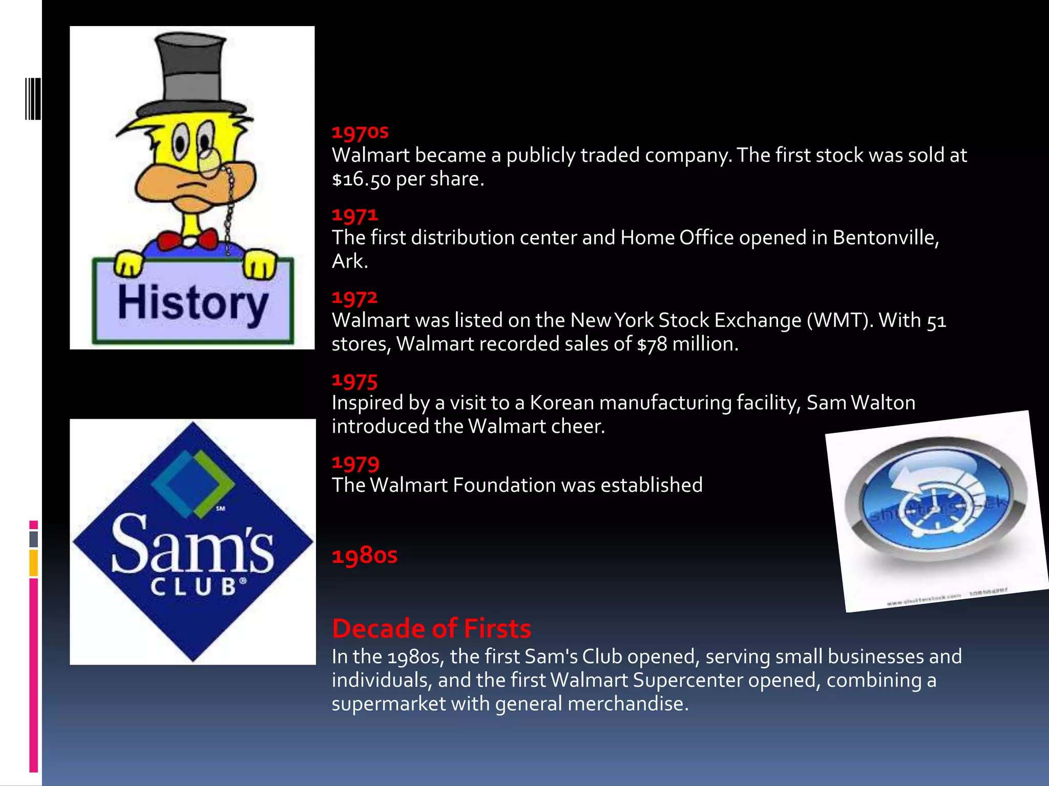 1970s
Walmart became a publicly traded company.The first stock was sold at
$16.50 per share.
1971
The first distribution center and Home Office opened in Bentonville,
Ark.
1972
Walmart was listed on the NewYork Stock Exchange (WMT). With 51
stores, Walmart recorded sales of $78 million.
1975
Inspired by a visit to a Korean manufacturing facility, SamWalton
introduced the Walmart cheer.
1979
The Walmart Foundation was established
1980s
Decade of Firsts
In the 1980s, the first Sam's Club opened, serving small businesses and
individuals, and the first Walmart Supercenter opened, combining a
supermarket with general merchandise.
 