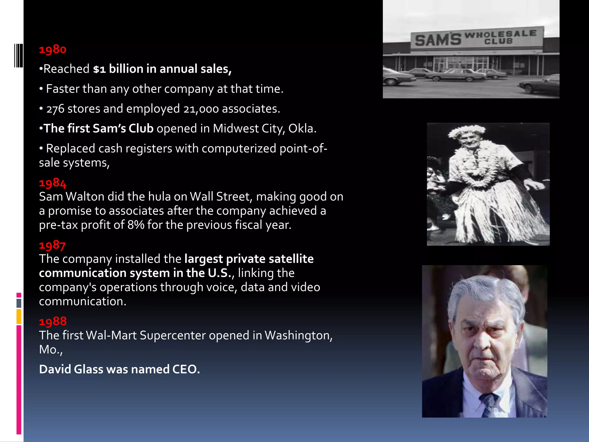 1980
•Reached $1 billion in annual sales,
• Faster than any other company at that time.
• 276 stores and employed 21,000 associates.
•The first Sam’s Club opened in Midwest City, Okla.
• Replaced cash registers with computerized point-of-
sale systems,
1984
Sam Walton did the hula on Wall Street, making good on
a promise to associates after the company achieved a
pre-tax profit of 8% for the previous fiscal year.
1987
The company installed the largest private satellite
communication system in the U.S., linking the
company's operations through voice, data and video
communication.
1988
The first Wal-Mart Supercenter opened in Washington,
Mo.,
David Glass was named CEO.
 