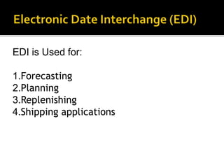 EDI is Used for:
1.Forecasting
2.Planning
3.Replenishing
4.Shipping applications

 