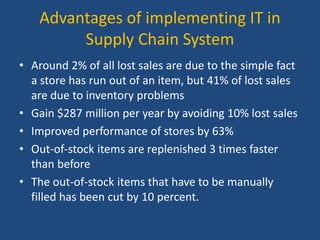 Advantages of implementing IT in
Supply Chain System
• Around 2% of all lost sales are due to the simple fact
a store has run out of an item, but 41% of lost sales
are due to inventory problems
• Gain $287 million per year by avoiding 10% lost sales
• Improved performance of stores by 63%
• Out-of-stock items are replenished 3 times faster
than before
• The out-of-stock items that have to be manually
filled has been cut by 10 percent.
 