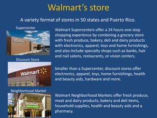 Walmart’s store
A variety format of stores in 50 states and Puerto Rico.
Walmart Supercenters offer a 24 hours one-stop
shopping experience by combining a grocery store
with fresh produce, bakery, deli and dairy products
with electronics, apparel, toys and home furnishings,
and also include specialty shops such as banks, hair
and nail salons, restaurants, or vision centers.
Smaller than a Supercenter, discount stores offer
electronics, apparel, toys, home furnishings, health
and beauty aids, hardware and more.
Walmart Neighborhood Markets offer fresh produce,
meat and dairy products, bakery and deli items,
household supplies, health and beauty aids and a
pharmacy.
Supercenter
Discount Store
Neighborhood Market
 