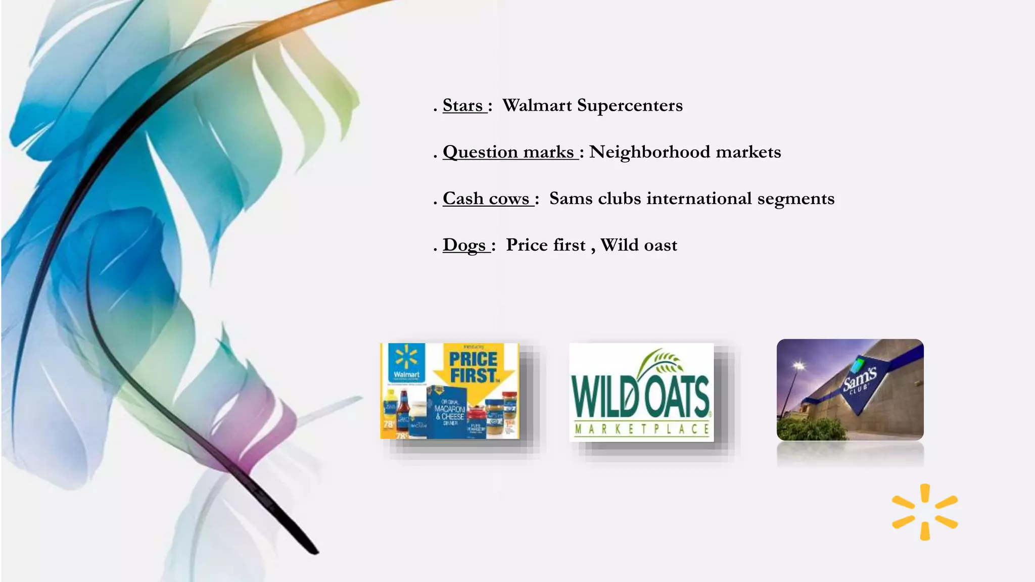 . Stars : Walmart Supercenters
. Question marks : Neighborhood markets
. Cash cows : Sams clubs international segments
. Dogs : Price first , Wild oast
 