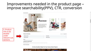 Improvements needed in the product page –
improve searchability(PPV), CTR, conversion
5. Product
info to be
divided
under
relevant sub
sections
 
