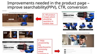 Improvements needed in the product page –
improve searchability(PPV), CTR, conversion
6. HD product
images which
should be
seamless in
mobile view
7. FAQs
answered by
the
seller/brand to
commonly
asked
 
