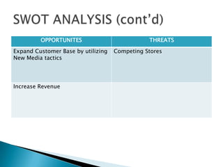 Create Facebook and Twitter Pages. This will help to advertise to a bigger audience.You will be able to interact and with and get immediate feedback from your audiences. All of your latest sales and promotions will immediately be accessible information to the public. Implementation	