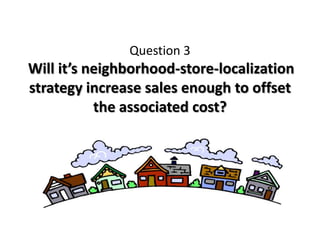 Question 3
Will it’s neighborhood-store-localization
strategy increase sales enough to offset
           the associated cost?
 
