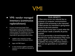 VMI
•   VMI- vendor managed                                             DUAL BENEFITS
                                                    1. Data entry errors are reduced due to
    inventory (continuous                           computer to computer communications.
    replenishment)                                  2. Speed of the processing is also improved.
                                                    3. Both parties are interested in giving better
•   A means of optimizing Supply Chain              service to the end customer.
    performance in which the manufacturer is        4.Having the correct item in stock when the
    responsible for maintaining the distributor’s
    inventory levels. The manufacturer has access   end customer needs it, beneﬁts all parties
    to the distributor’s inventory data and is      involved.
    responsible for generating purchase orders.     5. A true partnership is formed between the
                                                    Manufacturer and the Distributor. They work
    •   suppliers were required to manage
                                                    closer together and strengthen their ties.
        inventory levels at distribution centers
                                                    6. Stabilize the timing of Purchase Orders -
    •   began with P&G diapers                      PO's are now generated on a predeﬁned
                                                    basis.
    •   in many situations suppliers owned the
        inventory on the shelf up to the point of
        checkout
 