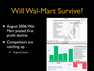 Will Wal-Mart Survive?
• August 2006, Wal-
  Mart posted ﬁrst
  proﬁt decline
• Competitors are
  catching up
   • Target & Costco
 