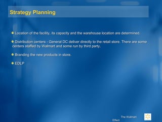 Strategy Planning
LocationLocation of the facility, its capacity and the warehouse location are determined.of the facility, its capacity and the warehouse location are determined.
Distribution centers - General DC deliver directly to the retail store. There are someDistribution centers - General DC deliver directly to the retail store. There are some
centers staffed by Walmart and some run by third party.centers staffed by Walmart and some run by third party.
Branding the new products in store.Branding the new products in store.
EDLPEDLP
TheThe WalmartWalmart
EffectEffect
 