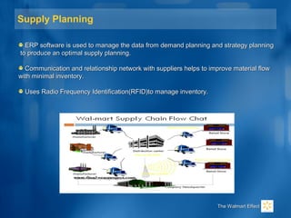 Supply Planning
ERP software is used to manage the data from demand planning and strategy planningERP software is used to manage the data from demand planning and strategy planning
to produce an optimal supply planning.to produce an optimal supply planning.
Communication and relationship network with suppliers helps to improve material flowCommunication and relationship network with suppliers helps to improve material flow
with minimal inventory.with minimal inventory.
Uses Radio Frequency Identification(RFID)to manage inventory.Uses Radio Frequency Identification(RFID)to manage inventory.
The Walmart EffectThe Walmart Effect
 