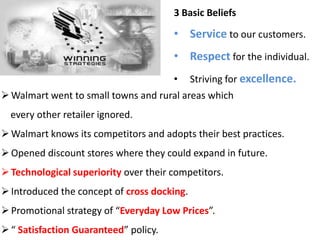 3 Basic Beliefs

• Service to our customers.
• Respect for the individual.
•

Striving for excellence.

 Walmart went to small towns and rural areas which
every other retailer ignored.
 Walmart knows its competitors and adopts their best practices.
 Opened discount stores where they could expand in future.
 Technological superiority over their competitors.

 Introduced the concept of cross docking.
 Promotional strategy of “Everyday Low Prices”.
 “ Satisfaction Guaranteed” policy.

 