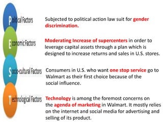 Subjected to political action law suit for gender
discrimination.

Moderating Increase of supercenters in order to
leverage capital assets through a plan which is
designed to increase returns and sales in U.S. stores.
Consumers in U.S. who want one stop service go to
Walmart as their first choice because of the
social influence.
Technology is among the foremost concerns on
the agenda of marketing in Walmart. It mostly relies
on the internet and social media for advertising and
selling of its product.

 