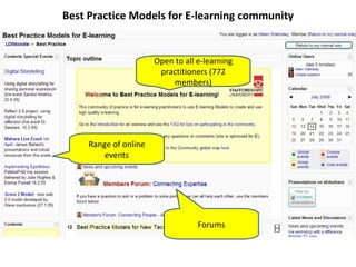 Best Practice Models for E-learning community Open to all e-learning practitioners (772 members) Range of online events Forums 