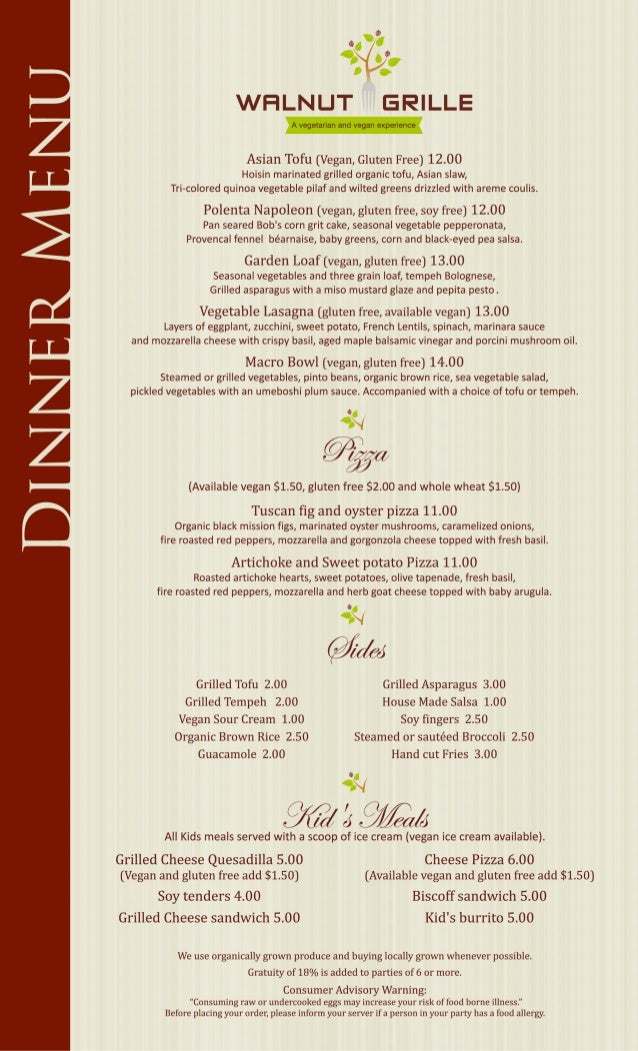 Walnut grille dinner menu