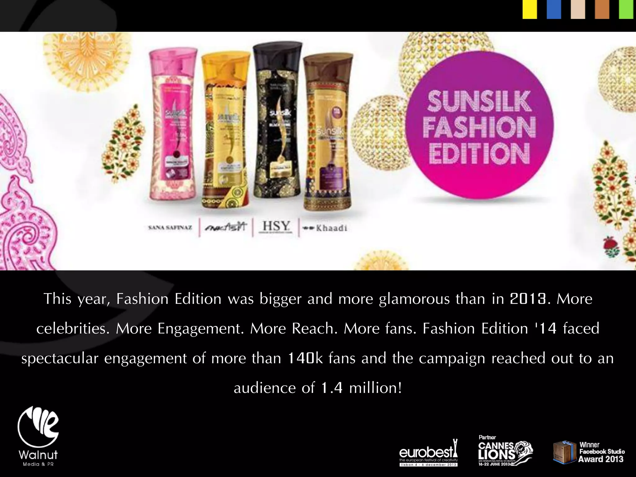 This year,Fashion Edition was bigger and more glamorous than in 2013. More celebrities. More Engagement. More Reach. More fans. Fashion Edition '14 faced spectacular engagement of more than 140k fans and the campaign reached out to an audience of 1.4 million!  