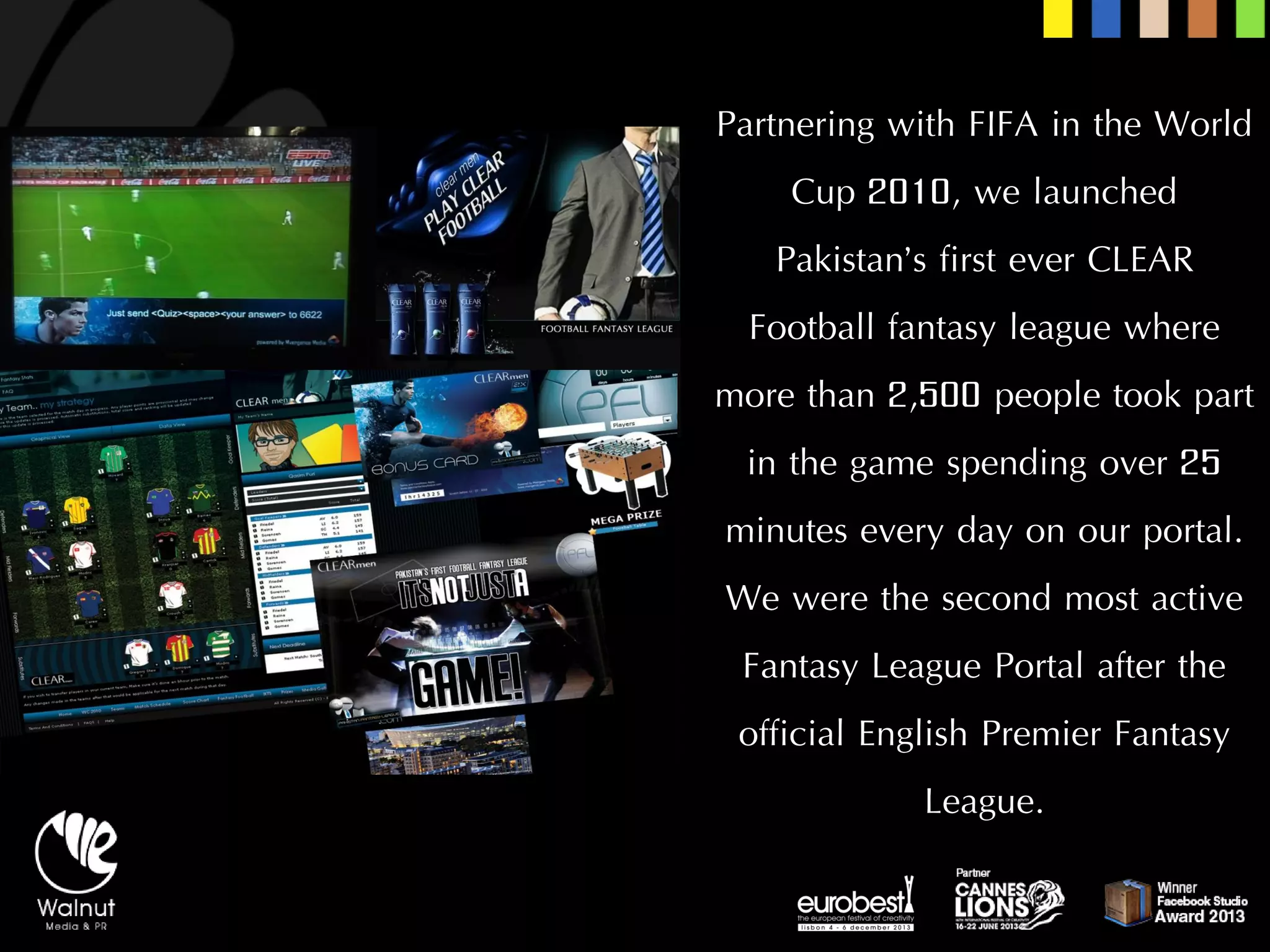 Partnering with FIFA in the World Cup 2010, we launched Pakistan’s first ever CLEAR Football fantasy league where more than 2,500 people took part in the game spending over 25 minutes every day on our portal. We were the second most active Fantasy League Portal after the official English Premier Fantasy League.  