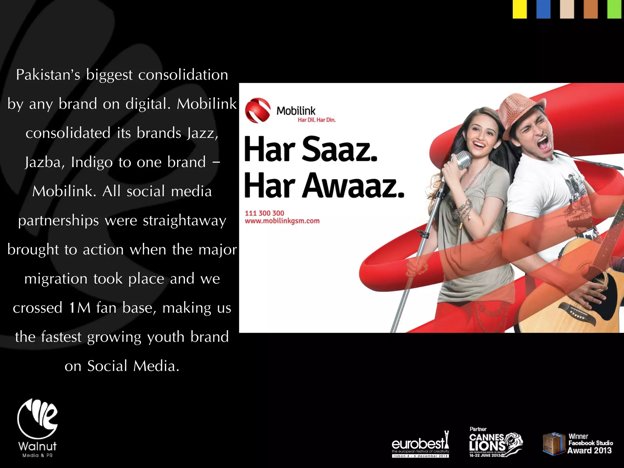 Pakistan’s biggest consolidation by any brand on digital. Mobilink consolidated its brands Jazz, Jazba, Indigo to one brand – Mobilink. All social media partnerships were straightaway brought to action when the major migration took place and we crossed 1M fan base, making us the fastest growing youth brand on Social Media.  