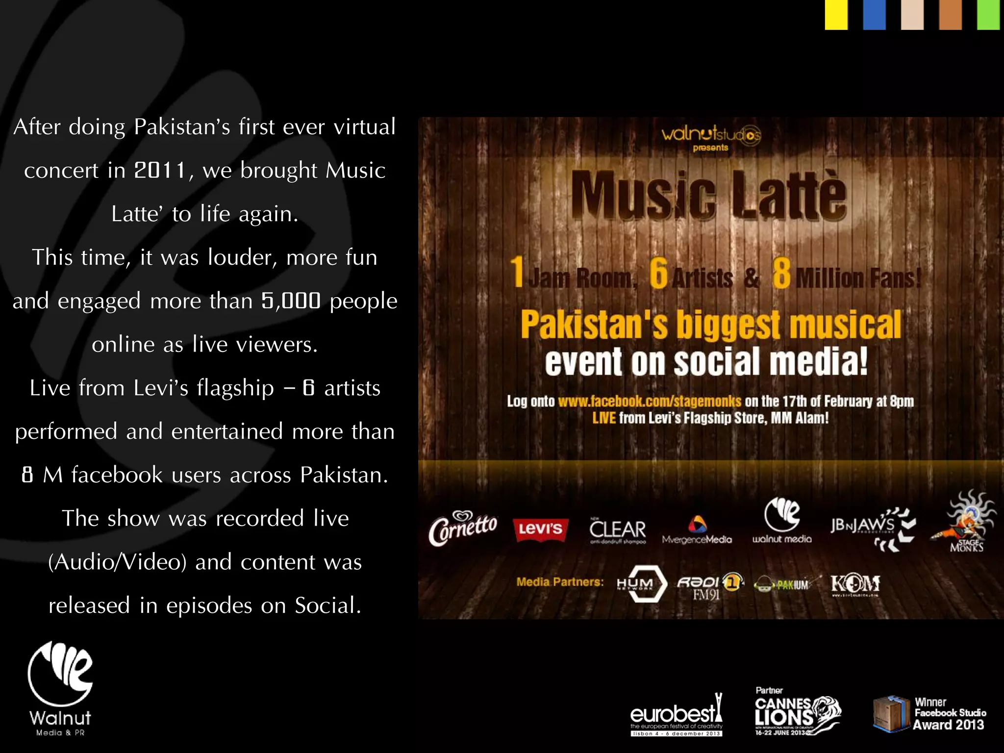 After doing Pakistan’s first ever virtual concert in 2011, we brought Music Latte’ to life again. 
This time, it was louder, more fun and engaged more than 5,000 people online as live viewers. 
Live from Levi’s flagship –6 artists performed and entertained more than 8 M facebookusers across Pakistan. The show was recorded live (Audio/Video) and content was released in episodes on Social.  