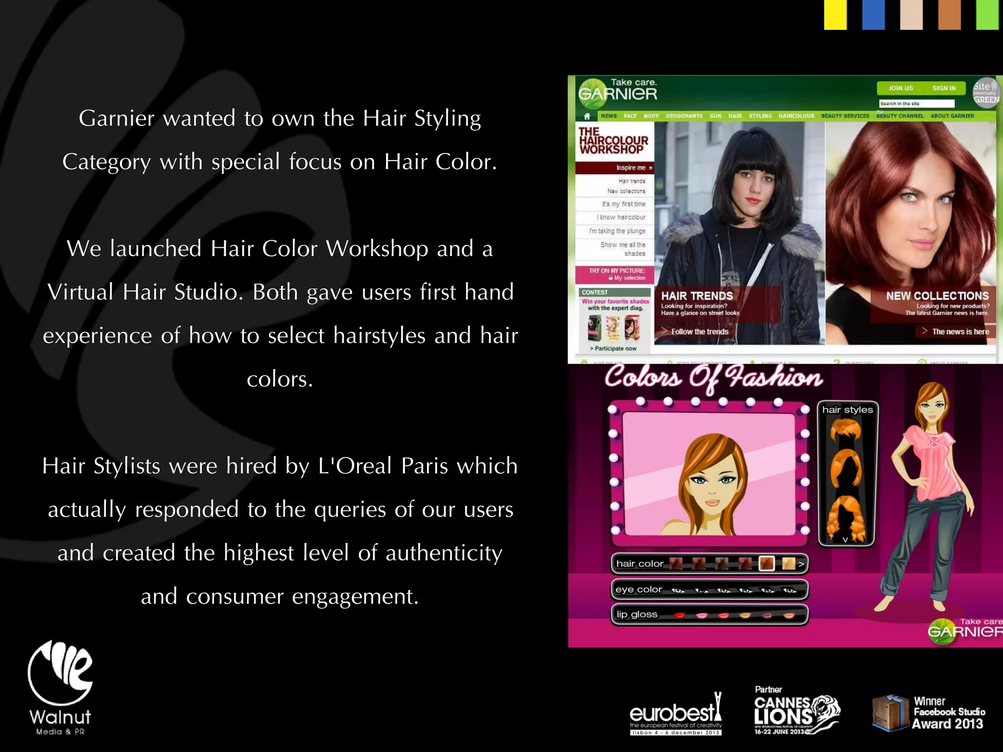 Garnier wanted to own the Hair Styling Category with special focus on Hair Color. 
We launched Hair Color Workshop and a Virtual Hair Studio. Both gave users first hand experience of how to select hairstyles and hair colors. 
Hair Stylists were hired by L'Oreal Paris which actually responded to the queries of our users and created the highest level of authenticity and consumer engagement.  