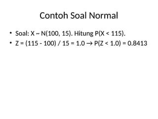 Contoh Soal Normal
• Soal: X ~ N(100, 15). Hitung P(X < 115).
• Z = (115 - 100) / 15 = 1.0 → P(Z < 1.0) = 0.8413
 