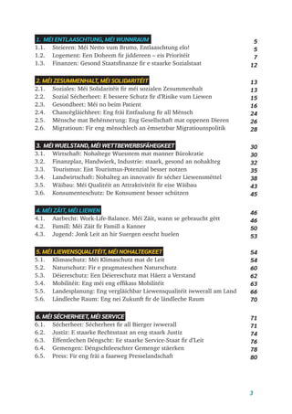 3
1. MÉI ENTLAASCHTUNG, MÉI WUNNRAUM
1.1. Steieren: Méi Netto vum Brutto. Entlaaschtung elo!
1.2. Logement: Een Doheem fir jiddereen – eis Prioritéit
1.3. Finanzen: Gesond Staatsfinanze fir e staarke Sozialstaat
2. MÉI ZESUMMENHALT, MÉI SOLIDARITÉIT
2.1. Soziales: Méi Solidaritéit fir méi sozialen Zesummenhalt
2.2. Sozial Sécherheet: E bessere Schutz fir d’Risike vum Liewen
2.3. Gesondheet: Méi no beim Patient
2.4. Chancëgläichheet: Eng fräi Entfaalung fir all Mënsch
2.5. Mënsche mat Behënnerung: Eng Gesellschaft mat oppenen Dieren
2.6. Migratioun: Fir eng mënschlech an ëmsetzbar Migratiounspolitik
3. MÉI WUELSTAND, MÉI WETTBEWERBSFÄHEGKEET
3.1. Wirtschaft: Nohaltege Wuesstem mat manner Bürokratie
3.2. Finanzplaz, Handwierk, Industrie: staark, gesond an nohaklteg
3.3. Tourismus: Eist Tourismus-Potenzial besser notzen
3.4. Landwirtschaft: Nohalteg an innovativ fir sécher Liewensmëttel
3.5. Wäibau: Méi Qualitéit an Attraktivitéit fir eise Wäibau
3.6. Konsumenteschutz: De Konsument besser schützen
4. MÉI ZÄIT, MÉI LIEWEN
4.1. Aarbecht: Work-Life-Balance. Méi Zäit, wann se gebraucht gëtt
4.2. Famill: Méi Zäit fir Famill a Kanner
4.3. Jugend: Jonk Leit an hir Suergen eescht huelen
5. MÉI LIEWENSQUALITÉIT, MÉI NOHALTEGKEET
5.1. Klimaschutz: Méi Klimaschutz mat de Leit
5.2. Naturschutz: Fir e pragmateschen Naturschutz
5.3. Déiereschutz: Een Déiereschutz mat Häerz a Verstand
5.4. Mobilitéit: Eng méi eng effikass Mobilitéit
5.5. Landesplanung: Eng vergläichbar Liewensqualitéit iwwerall am Land
5.6. Ländleche Raum: Eng nei Zukunft fir de ländleche Raum
6. MÉI SÉCHERHEET, MÉI SERVICE
6.1. Sécherheet: Sécherheet fir all Bierger iwwerall
6.2. Justiz: E staarke Rechtsstaat an eng staark Justiz
6.3. Ëffentlechen Déngscht: Ee staarke Service-Staat fir d’Leit
6.4. Gemengen: Déngschtleeschter Gemenge stäerken
6.5. Press: Fir eng fräi a faarweg Presselandschaft
5
5
7
12
13
13
15
16
24
26
28
30
30
32
35
38
43
45
46
46
50
53
54
54
60
62
63
66
70
71
71
74
76
78
80
 